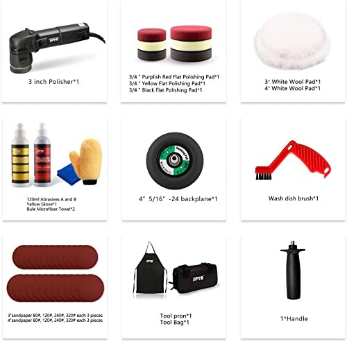 Components of a car polisher kit including a 3-inch polisher, various pads, abrasives, a tool bag, and accessories.