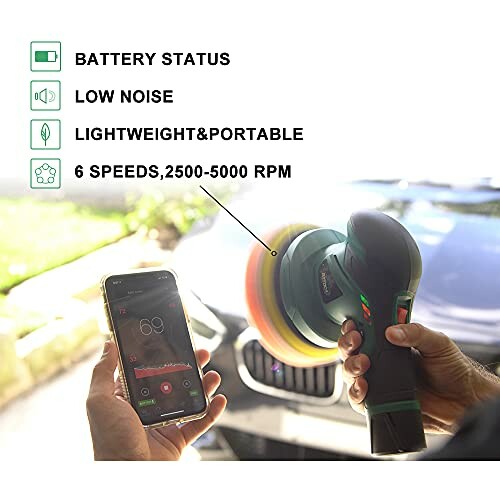 Cordless car polisher with speed settings and battery status.