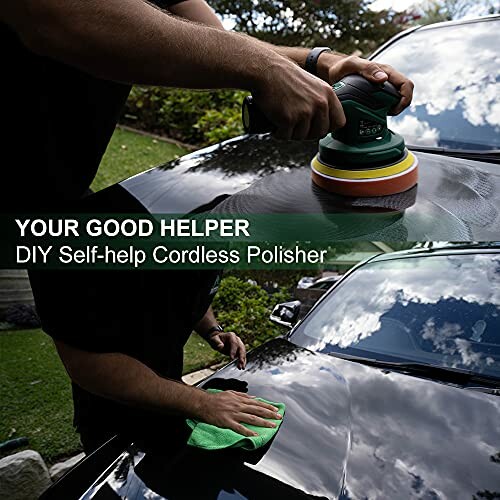 Person using a cordless polisher on a car hood.