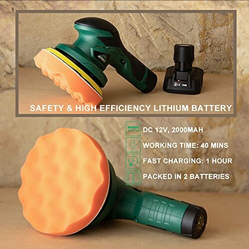 Cordless polisher with lithium battery, charger, and features.