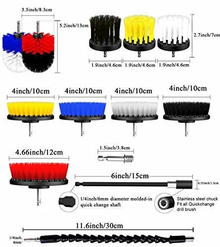 Set of cleaning brush attachments for drills with various sizes and colors