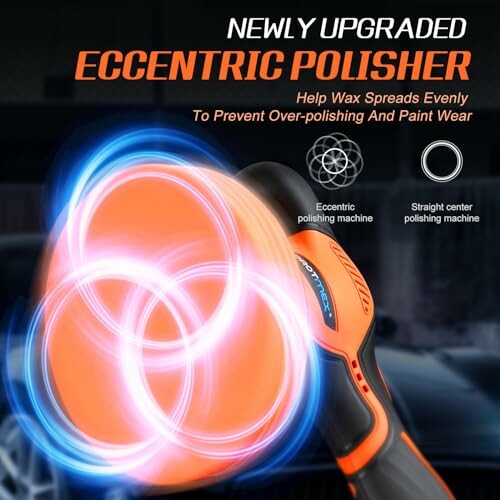 Newly upgraded eccentric polisher with visual effects illustrating polishing.